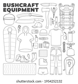 Vector list icons of bushcraft (survival) equipment. Isolated on white background.