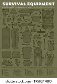 Vector List With Icons Of Survival Equipment. Isolated On Green Background With Contour Line.