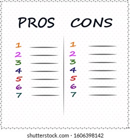 A vector list of pros and cons on a sheet of paper in your notebook. Colored numbers with blank margins. The background of the sheet of paper in pink circles. The edges of the paper with the patterns 