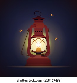 Vector lit kerosene lamp at night background with moths flying around | Retro looking lantern glowing in the dark Ã¢Â?Â? stock vector