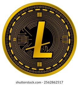 Vector of Litecoin Digital Currency in gold and black colors on a white background.