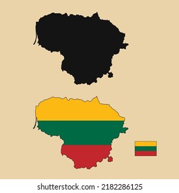 Vector of Lithuania country outline map with flag set isolated on plain background. Silhouette of country map can be used for template, report, and infographic.
