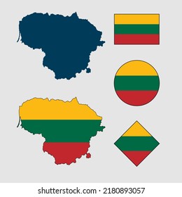 Vector of Lithuania country outline silhouette with flag set isolated on white background. Collection of Lithuania flag icons with square, circle, rectangle and map shapes.