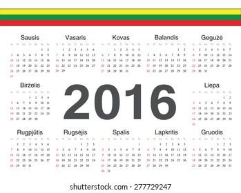 Vector Lithuanian circle calendar 2016. Week starts from Sunday.