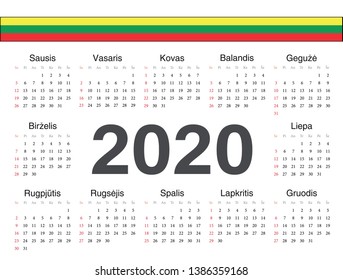 Vector Lithuanian circle calendar 2020. Week starts from Sunday.