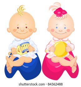 vector little baby boy and girl with a rattle and ball in his hand, smiling, sitting on the pots