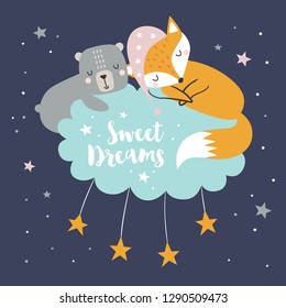 Vector Little bear, fox, moon and star, cute characters poster for baby room, greeting card, kids and baby t-shirts and wear
