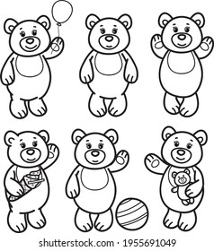 Vector little bears cartoons, black silhouettes. Cute Teddies for kid's coloring.