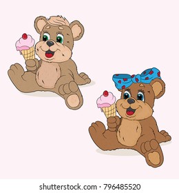 vector little bears girl and boy sit and hold the ice cream