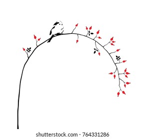 Vector little bird on rose hip branch. Isolated graphic for wall sticker.