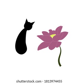 Vector little black cat sit and watch beautiful violet lotus or water lily flower blooming aquatic tropical plant on white 