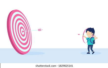 Vector of a little boy with bow and arrow aiming at a target