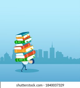 Vector of a little boy carrying on his back a pile of books 