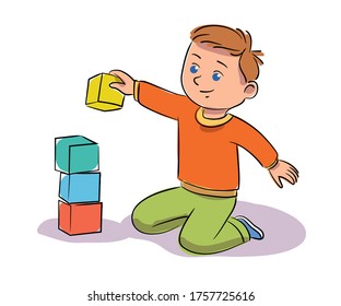 Vector little boy child playing toy building blocks making tall tower sitting on floor isolated on white background. Happy young builder constructor architect having fun along. Development, education