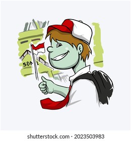 
vector de un niño que va a la escuela con uniforme completo. ilustración de una larga festividad que ha terminado y que también celebrará el día de la independencia. estilo dibujado a mano