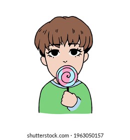 Niño vectorial vestido de ropas verdes con el pelo castaño sosteniendo una piruleta rosa y azul. Niño de caricatura con fondo blanco