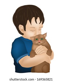 Vector little boy hugging and kissing a cat
