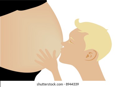 Vector of a little boy kissing his mothers pregnant tummy
