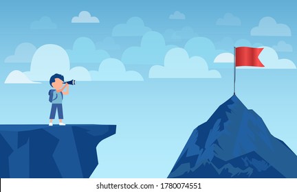 Vector of a little boy on a cliff edge looking through binoculars to a red flag on a mountain peak