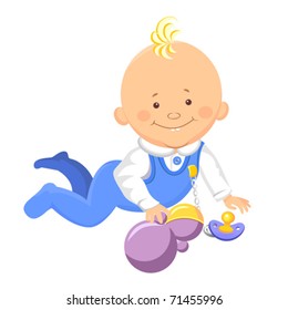 Vector little boy plays with a rattle, crawl on the floor