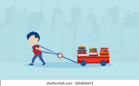 Vector of a little boy pulling a cart loaded with books 