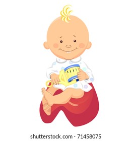 Vector little boy with a rattle in his hand, smiling, sitting on the potty