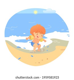 Vector little boy splashing jump in water on beach coastline. Overjoyed toddler child wearing protective safety inflatable rubber sleeves in playful mood rest at seaside. Summertime, happy childhood