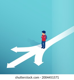 Vector of a little boy standing at crossroads making a decision which way to go in life