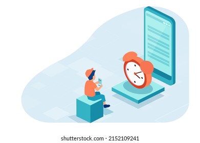 Vector de un niño pequeño usando su teléfono inteligente con una aplicación de control de tiempo de pantalla