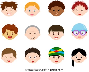 Vector of Little Boys, man men, Kids, male theme with different ethnics. A set of cute and colorful head icon collection isolated on white background