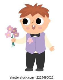 Ilustración del vector del pequeño novio. Pequeño chico lindo en chaleco morado con ramo de flores. Icono del niño de la ceremonia de bodas. Invitado a casarse con caricatura. Un bebé elegante. Un caballero lindo con traje elegante
