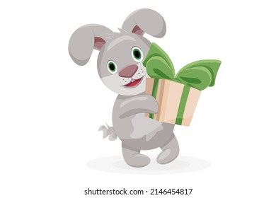 Vector little bunny is holding a gift. Gray rabbit holds a gift with a green bow. Hare with a gift on a transparent background. exchange of gifts