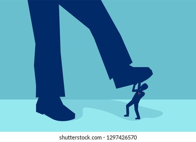 Vector of a little businessman being crushed by a giant foot isolated on blue background 