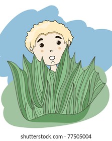 vector little cartoon boy hiding behind the grass