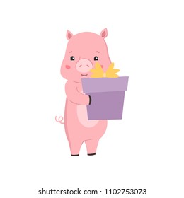 Vector little cartoon pigs with gift. Illustrations of cute piggys. Hand drawn style piglet illustration for card, posters, invitations, children room, decoration