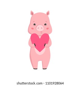 Vector little cartoon pigs with heart. Illustrations of cute piggys. Hand drawn style piglet illustration for card, posters, invitations, children room, decoration