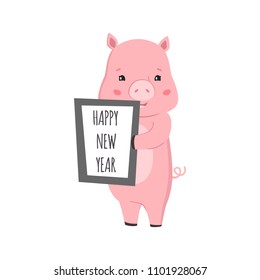 Vector little cartoon pigs with a sign happy new year . Illustrations of cute piggys. Hand drawn style piglet illustration for card, posters, invitations, children room, decoration