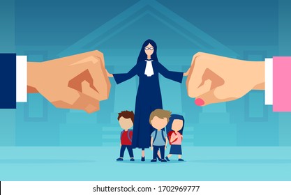 Vector of little children and a judge caught between divorcing parents who are fighting over custody