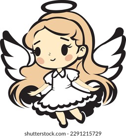 Vector little cute angel girl in cartoon style with white dress wings