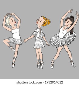 Vector little cute ballerina in graceful poses, ballet dancer. print for clothes and cards