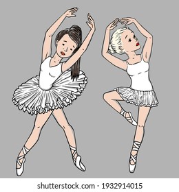 Vector little cute ballerina in graceful poses, ballet dancer. print for clothes and cards