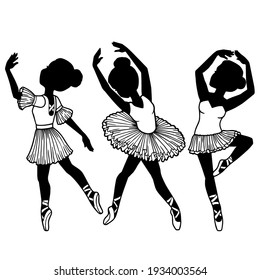 Vector little cute ballerina in graceful poses, set ballet dancer. print for clothes and cards. Black contour figure isolated on a white background