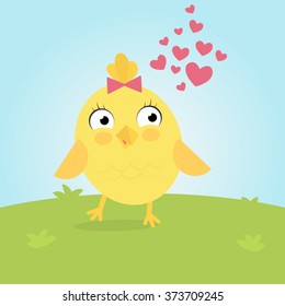 Vector little cute chick in love, vector illustration with many hearts