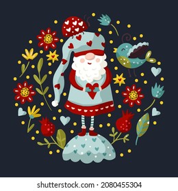 Vector little cute colorful illustration of garden gnome with heart, and bird. Cartoon elf kid illustration for print. Valentines and Christmas design. Ornate summer drawing