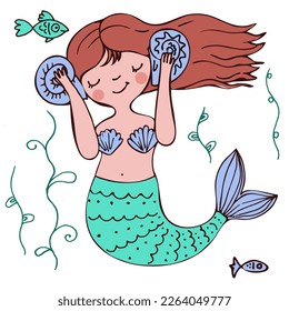 Vector Little cute mermaid with fishes and seashells.