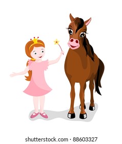 vector - little cute princess with beautiful brown horse on white background