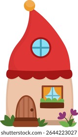 Vector little dwarf house with roof shaped as red hat. Tiny gnome home clipart. Fantasy forest or woodland cottage illustration. Magic fairytale dwelling icon isolated on white background
