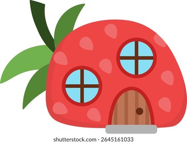 Casa anã vetor em forma de morango. Pequeno clipart de casa do Gnome. Ilustração da casa de campo da floresta da fantasia ou da floresta. Ícone de moradia de conto de fadas mágico isolado no fundo branco

