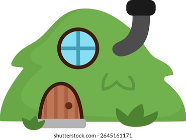 Vector little dwarf house shaped as green hill with chimney. Tiny gnome home clipart. Fantasy forest or woodland cottage illustration. Magic fairytale dwelling icon isolated on white background
