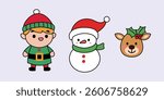 vector little elf boy cartoon, snowman with scarf and red santa hat character and smile reindeer head with holly outline illustration